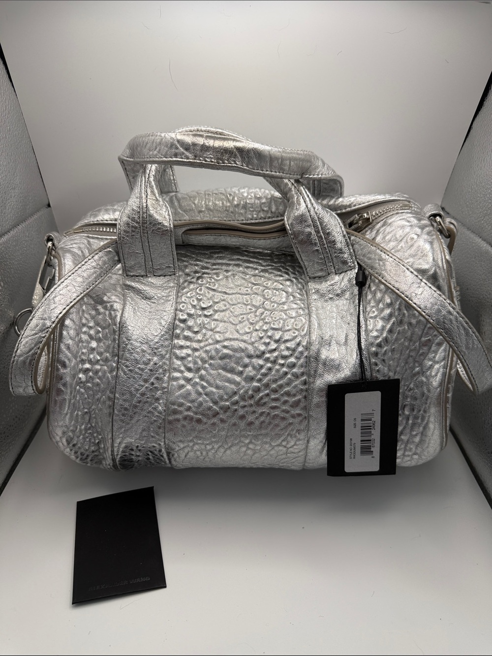 Alexander Wang Rocco Metallic Silver Textured Bag with studded bottom